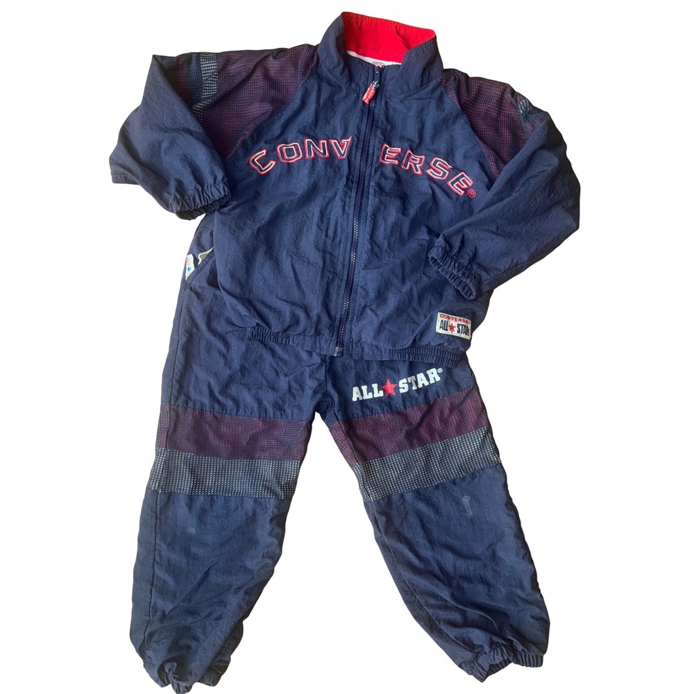 Kids Vintage Converse All Star Navy Red Nylon Tracksuit Set Jacket Pants Size 7